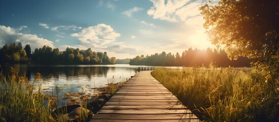 AI generated illustration of a dock located on a peaceful lake at sunset