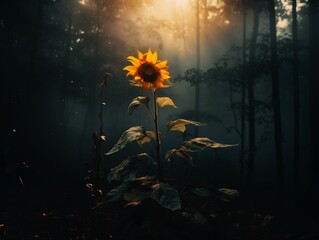 AI generated illustration of a vibrant sunflower in a dense, fog-covered forest