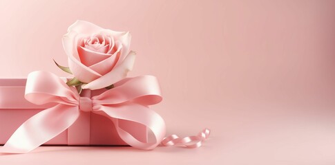 AI generated illustration of a pink rose and bow-tied present on a pink background