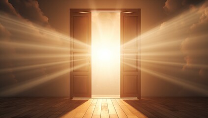 Open doors with bright light emanating from the doorway