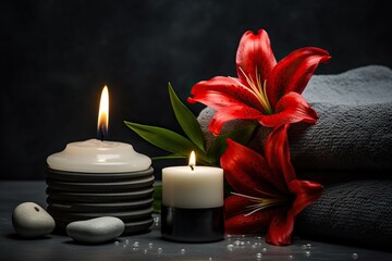 A spa-like composition featuring a contrasting black and white candle set amongst smooth stones, a radiant red lily, and fluffy towels