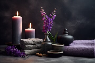 Serene spa composition with towels, candles, purple flowers, and stones on a dark background.