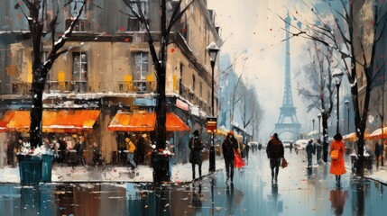 Painting of winter in paris detail close showing the texture of thick oil paint strokes on the rustic canvas, vibrant colors