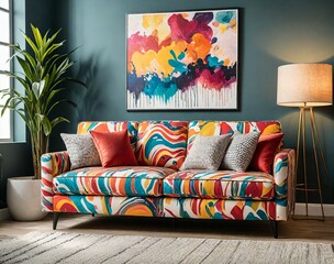 abstract and sculptural three-seater sofa design with unconventional forms, set in a contemporary art studio with avant-garde decor.