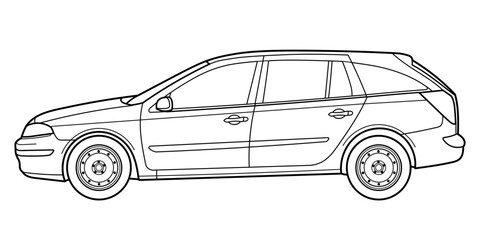 classic station wagon. Different five view shot - front, rear, side and 3d. Outline doodle vector illustration	