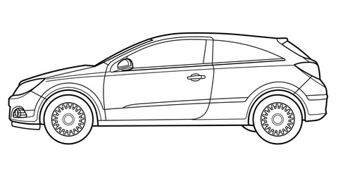 Outline drawing of a classic modern coupe car from side view. Classic modern style. Vector outline doodle illustration. Design for print or color book.