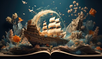 a book opened to show a sailing ship and natural scenery - obrazy, fototapety, plakaty