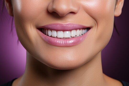 This close-up image focuses on a woman's teeth, showcasing dental health and radiance. Perfect for dental service advertising, the photo emphasizes the importance of oral care.