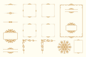 Set Of Golden Vintage ornament with border, frame, crown, ornate,  mandala and luxury elements, suitable for vintage design or wedding invitation card