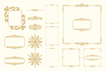Set Of Golden Vintage ornament with border, frame, crown, ornate,  mandala and luxury elements, suitable for vintage design or wedding invitation card