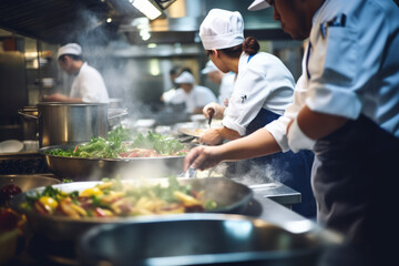Kitchen workers inside a restaurant catering kitchen preparing many hundreed of meals daily