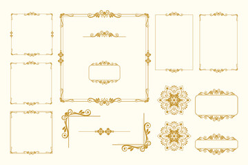 Set Of Golden Vintage ornament with border, frame, crown, ornate,  mandala and luxury elements, suitable for vintage design or wedding invitation card