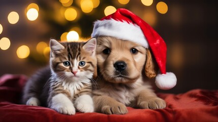 Fototapeta na wymiar kid dog and cat wearing Santa hats together at room decorated for Christmas.Cute pets in Christmas concept.