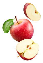 Red apple with apple slice and leaves isolated on a white background. Apple with leaves clipping path. Flying in air apple