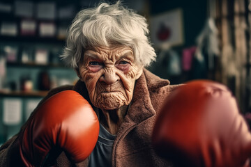 Grandmother boxer in boxing gloves on boxing ring. Old beautiful Grandma in clothes in boxing gloves in fight. Tough old granny wearing boxing gloves. Angry granny boxer in boxing. Grandmother fighter - obrazy, fototapety, plakaty