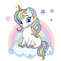 Cute magical unicorn on the cloud vector illustration