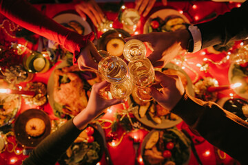 Top view of people toasting with champagne while enjoying New Year Eve at the decorated table