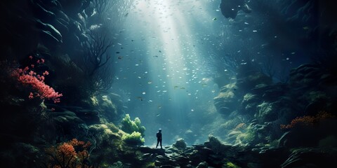 Fototapeta na wymiar A mystical underwater scene with a person swimming among bioluminescent sea creatures and plants