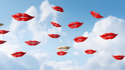love is in the air, kisses in sky, red kissing lips falling from sky, pop art valentines day...