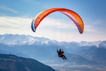 Paraglider Soaring Over Mountains at Sunset with Dramatic Sky