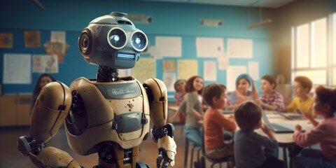 a robot teaching a classroom of students, blending traditional and AI education methods