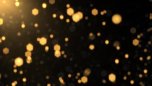 Beautiful loop falling glow gold star particles with flare light on top left on black abstract background. 4K seamless loop new year themed background