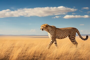 A cheetah walks in a field of golden belly and blue sky