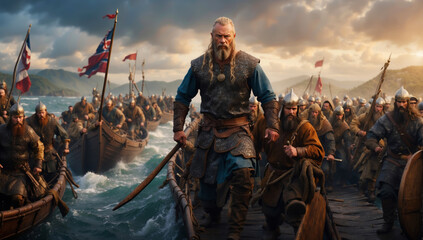 Vikings on the raid in England. - obrazy, fototapety, plakaty