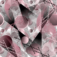 Seamless abstract geometric pattern. Pink, black shapes and lines on a light gray background. - 685201344