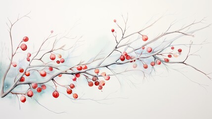 Watercolor branches with Christmas blossoms red
