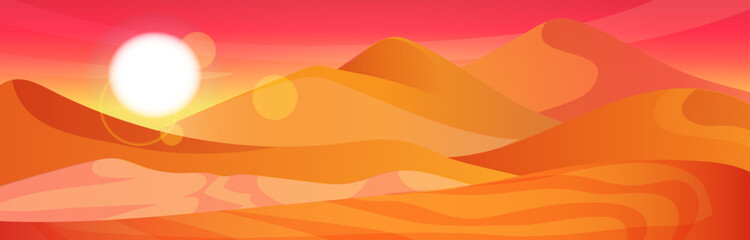 Scenic landscape, arabic sand dune. Bloody red Sahara desert panoramic view sunset and sunrise. Summer vacation travel, holiday resort. Yellow and orange color horizon. Vector illustration