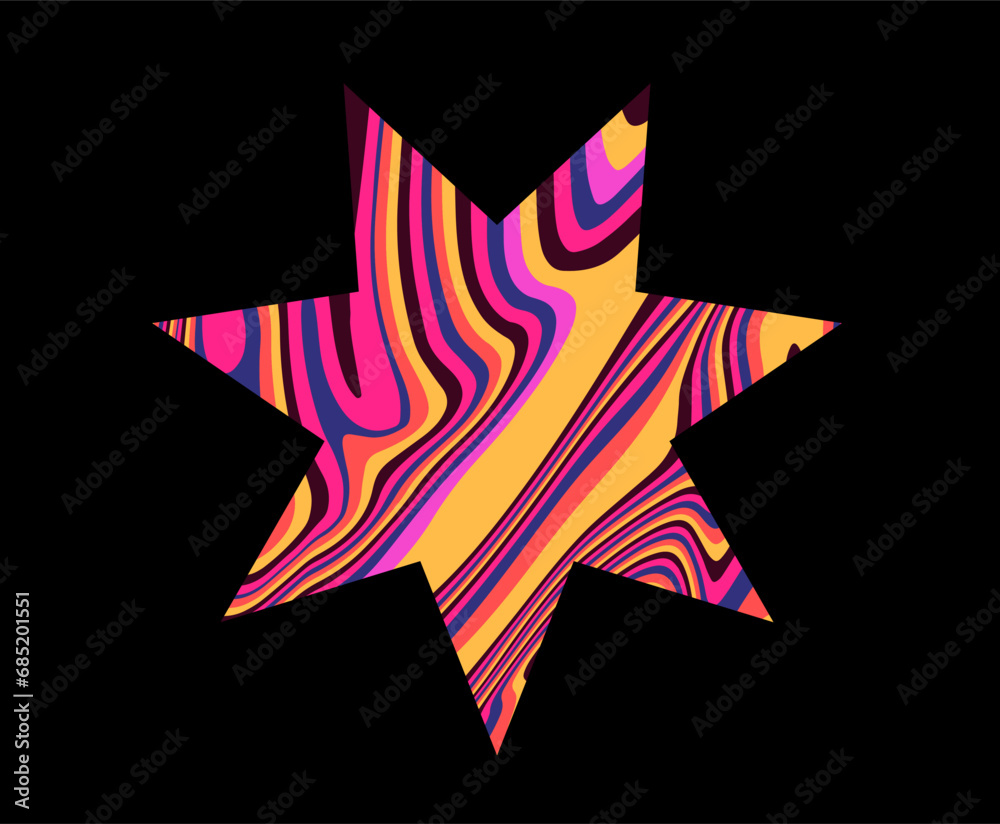 Poster Star with psychedelic pattern in neon acid colors. Template for a logotype design.