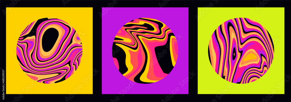 Aufkleber Set of graphic design elements in neon colors with glitched pattern. Circle shapes with distorted texture made of flowing lines.