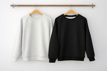 black and white sweatshirt on hangers for product presentation, - obrazy, fototapety, plakaty