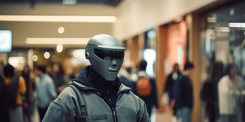 A robotic security guard patrolling a shopping mall, using advanced surveillance to ensure safety