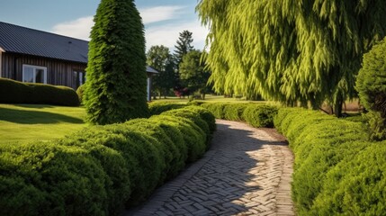 Obraz premium row of tall evergreen thuja trees creating a green hedge along a cottage path.