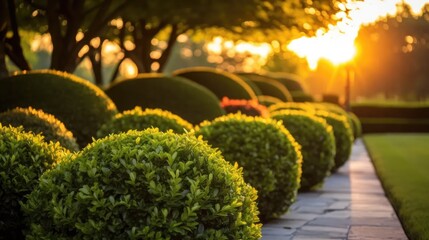 spherical boxwood bushes in a warm summer sunset garden.