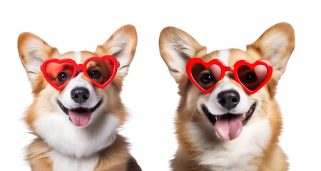 Valentine’s Day special: Cute dog set featuring a funny portrait Corgi with heart-shaped sunglasses, Isolated on Transparent Background, PNG