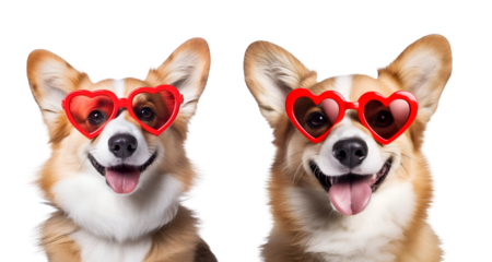 Valentine’s Day special: Cute dog set featuring a funny portrait Corgi with heart-shaped sunglasses, Isolated on Transparent Background, PNG