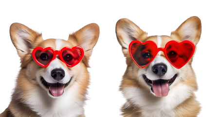 Funny portrait Corgi with heart-shaped sunglasses: The perfect cute dog set for Valentine’s Day, Isolated on Transparent Background, PNG