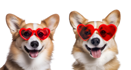 Funny portrait Corgi with heart-shaped sunglasses: The perfect cute dog set for Valentine’s Day, Isolated on Transparent Background, PNG