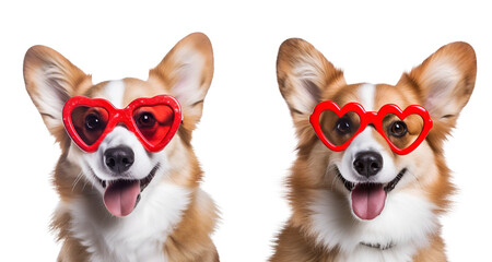 Set of cute dog portraits for Valentine’s Day: Funny Corgi with heart-shaped sunglasses, Isolated on Transparent Background, PNG