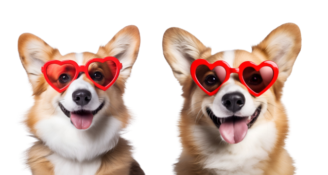 Valentine’s Day special: Cute dog set featuring a funny portrait Corgi with heart-shaped sunglasses, Isolated on Transparent Background, PNG