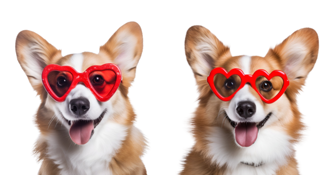 Set of cute dog portraits for Valentine’s Day: Funny Corgi with heart-shaped sunglasses, Isolated on Transparent Background, PNG