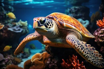 Naklejka na ściany i meble Sea Turtle Swimming in Aquarium Generative AI