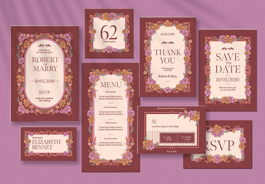 Maroon Modern Artnouveau Wedding Invitation Set