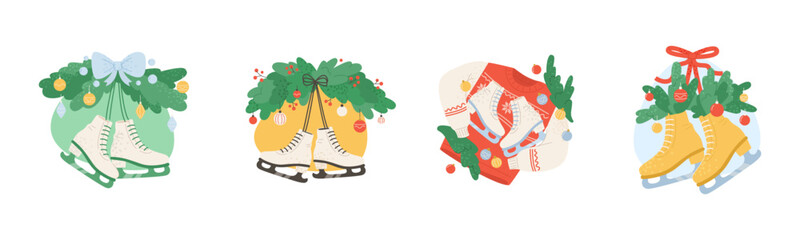 Set of skates with New Year holiday decorations.