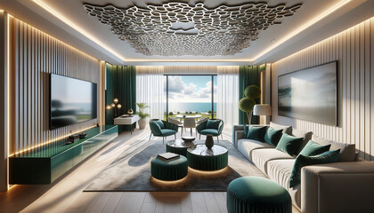 beautiful living room interior in emerald tones with ocean views and carvings