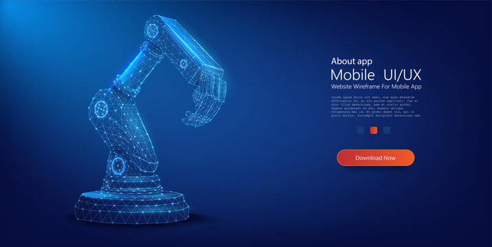 Futuristic Robotic Arm Concept in Digital Wireframe Technology Style. Mechanical hand. Industrial robot manipulator in low poly style. Polygonal connected dots hand.