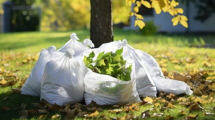 Fototapeta premium leaves in white bags on grass. eco disposal of fallen foliage.